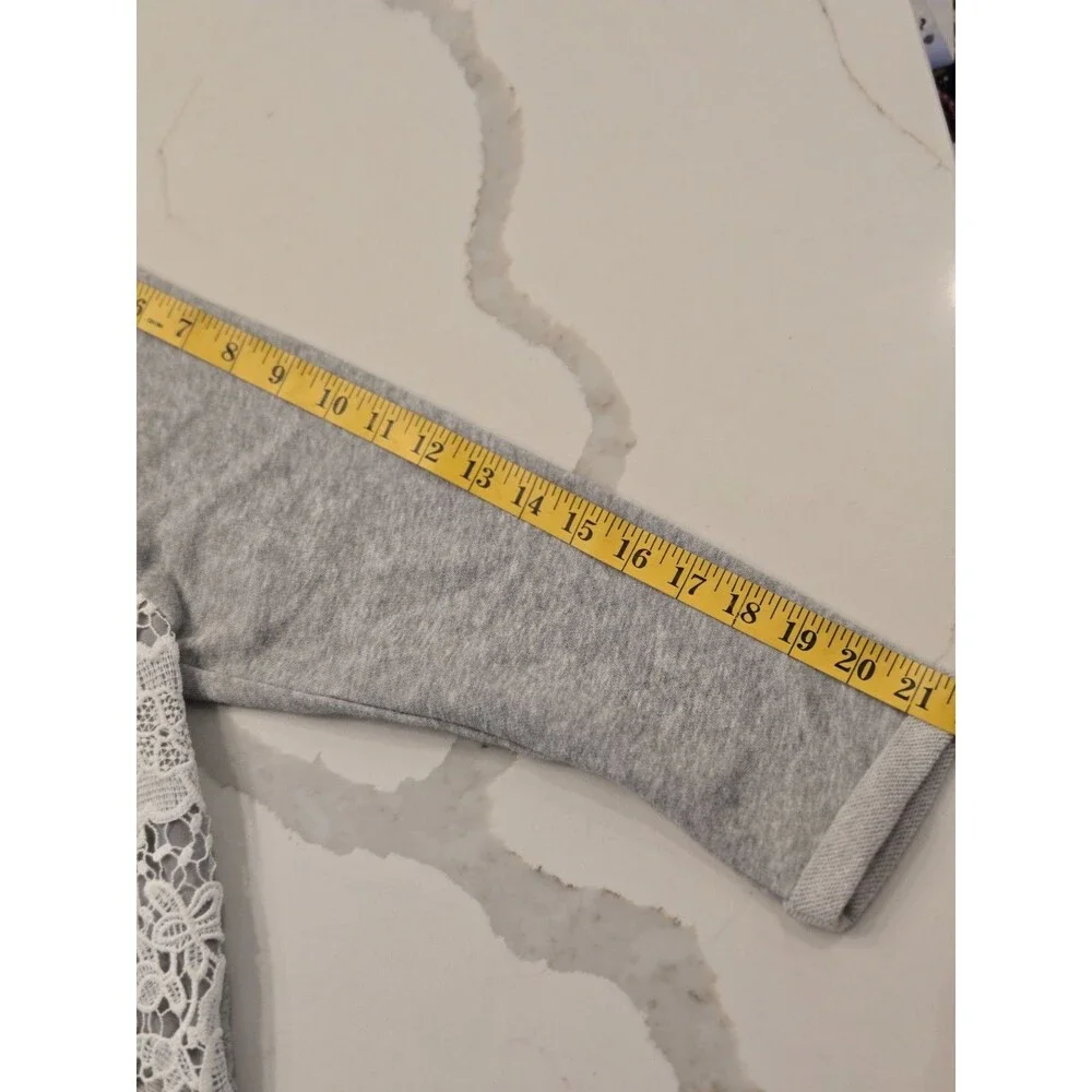 ​H&M Divided Grey Sweatshirt M White Floral Lace Overlay Raglan Pullover Crochet